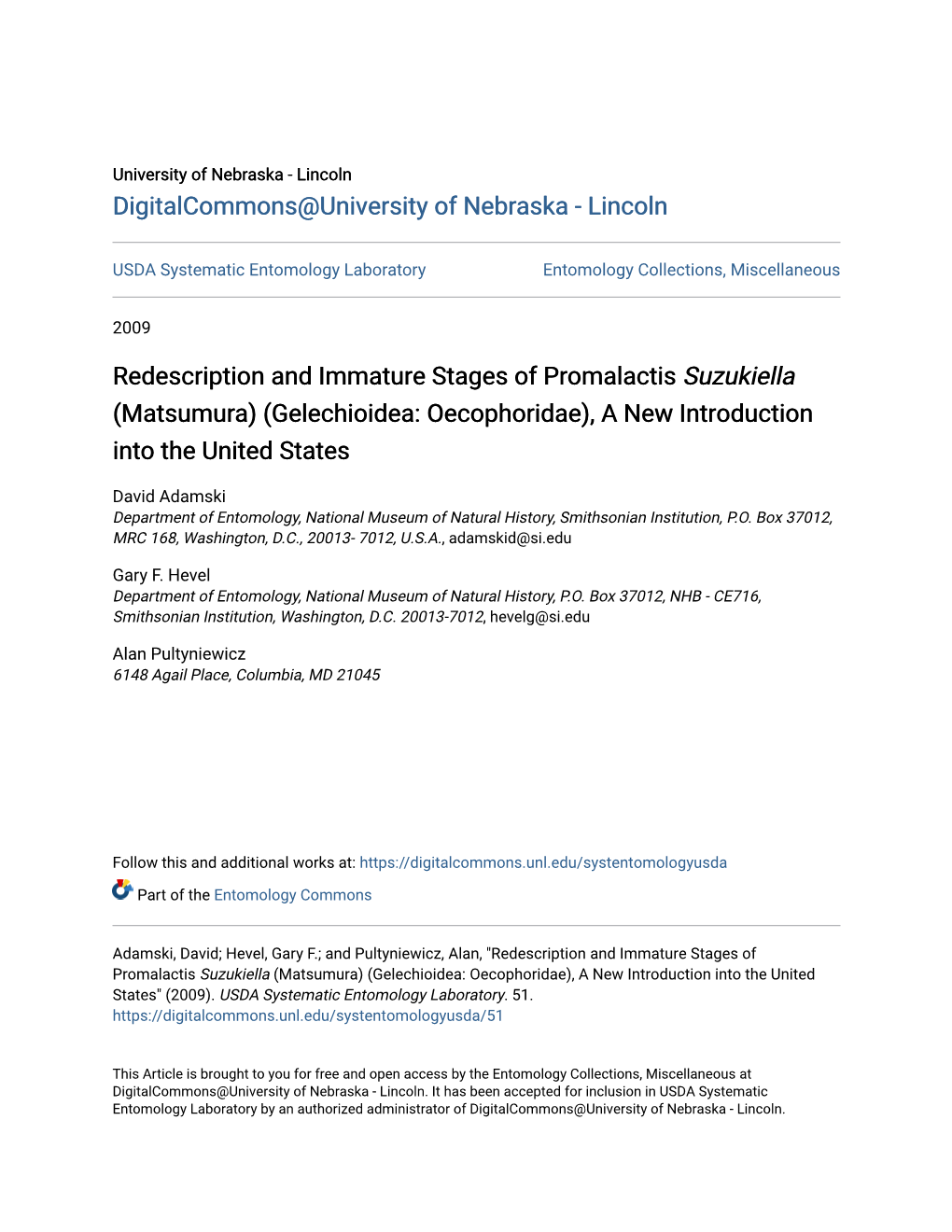 Gelechioidea: Oecophoridae), a New Introduction Into the United States