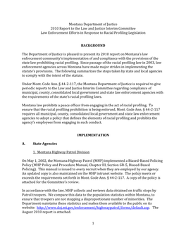 Montana Department of Justice 2010 Report to the Law and Justice Interim Committee Law Enforcement Efforts in Response to Racial Profiling Legislation