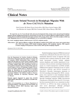 Acute Striatal Necrosis in Hemiplegic Migraine with De Novo CACNA1A