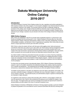 Dakota Wesleyan University Online Catalog 2016-2017