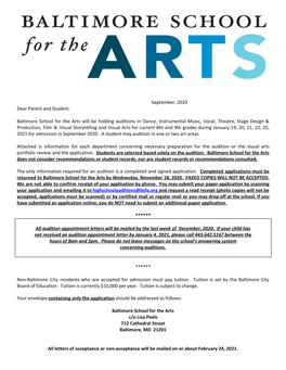 September, 2020 Dear Parent and Student: Baltimore School for the Arts Will Be Holding Auditions in Dance, Instrumental Music, V
