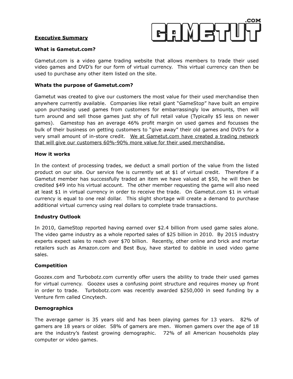 Executive Summary What Is Gametut.Com?
