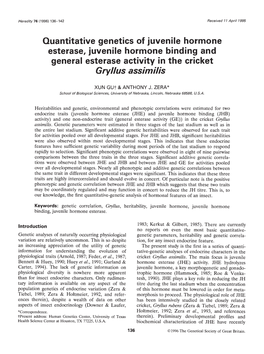 Esterase, Juvenile Hormone Binding and General Esterase Activity in the Cricket Gryllus Assimiis