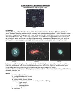 Planetary Nebula: from Messier to Abell (What Are They, and How to Observe Them)