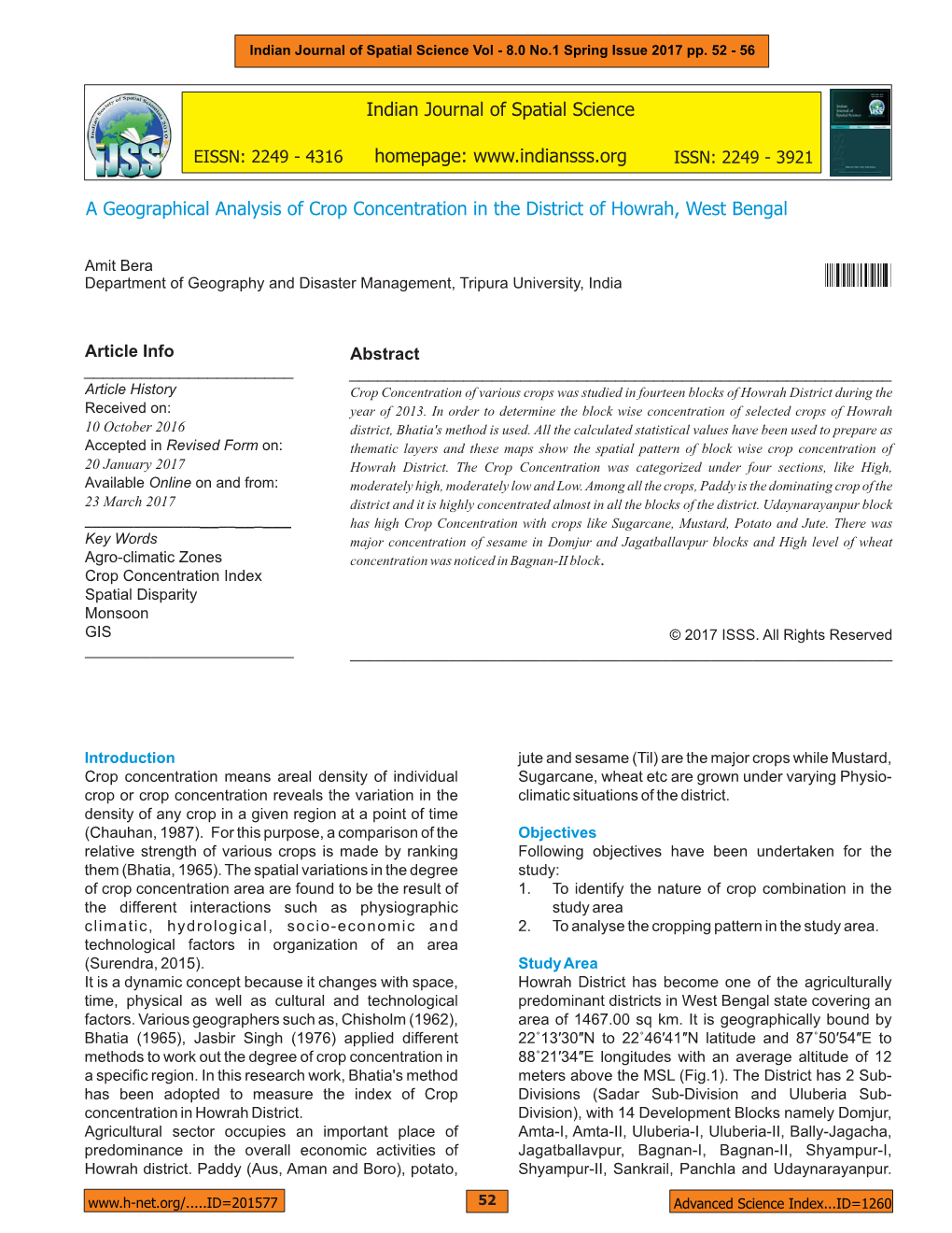 A Geographical Analysis of Crop Concentration in the District of Howrah, West Bengal