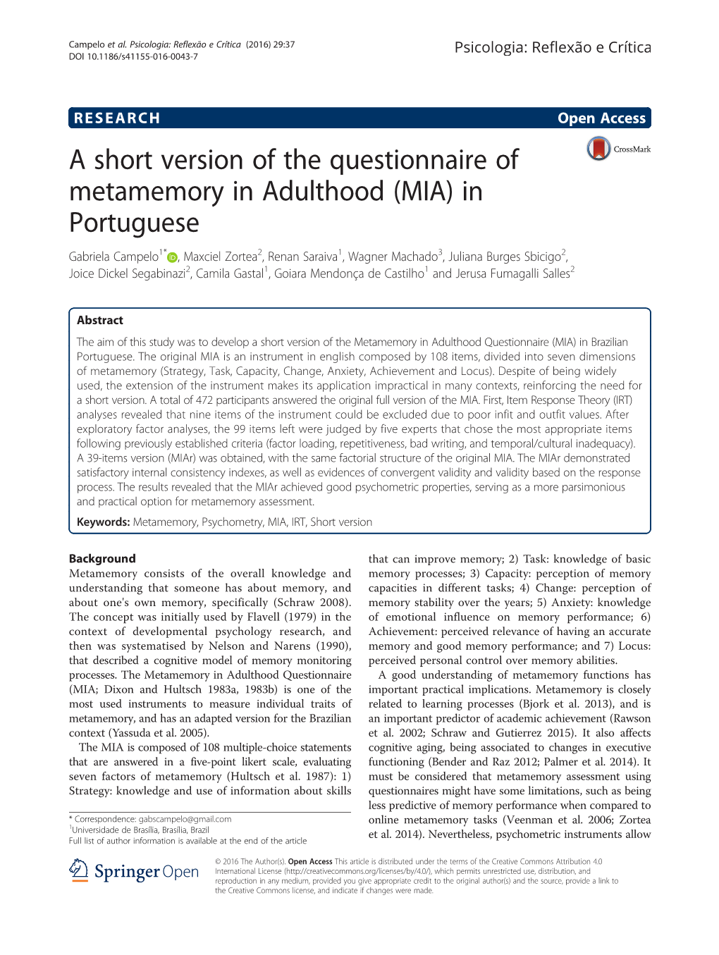 A Short Version of the Questionnaire of Metamemory in Adulthood (MIA) In