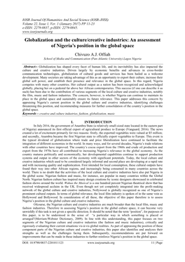 Globalization and the Culture/Creative Industries: an Assessment of Nigeria’S Position in the Global Space