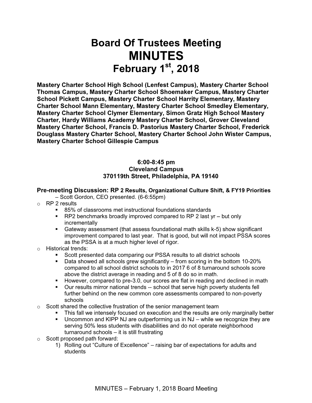 Mastery Charter Schools PA Board Minutes 2018.02.01