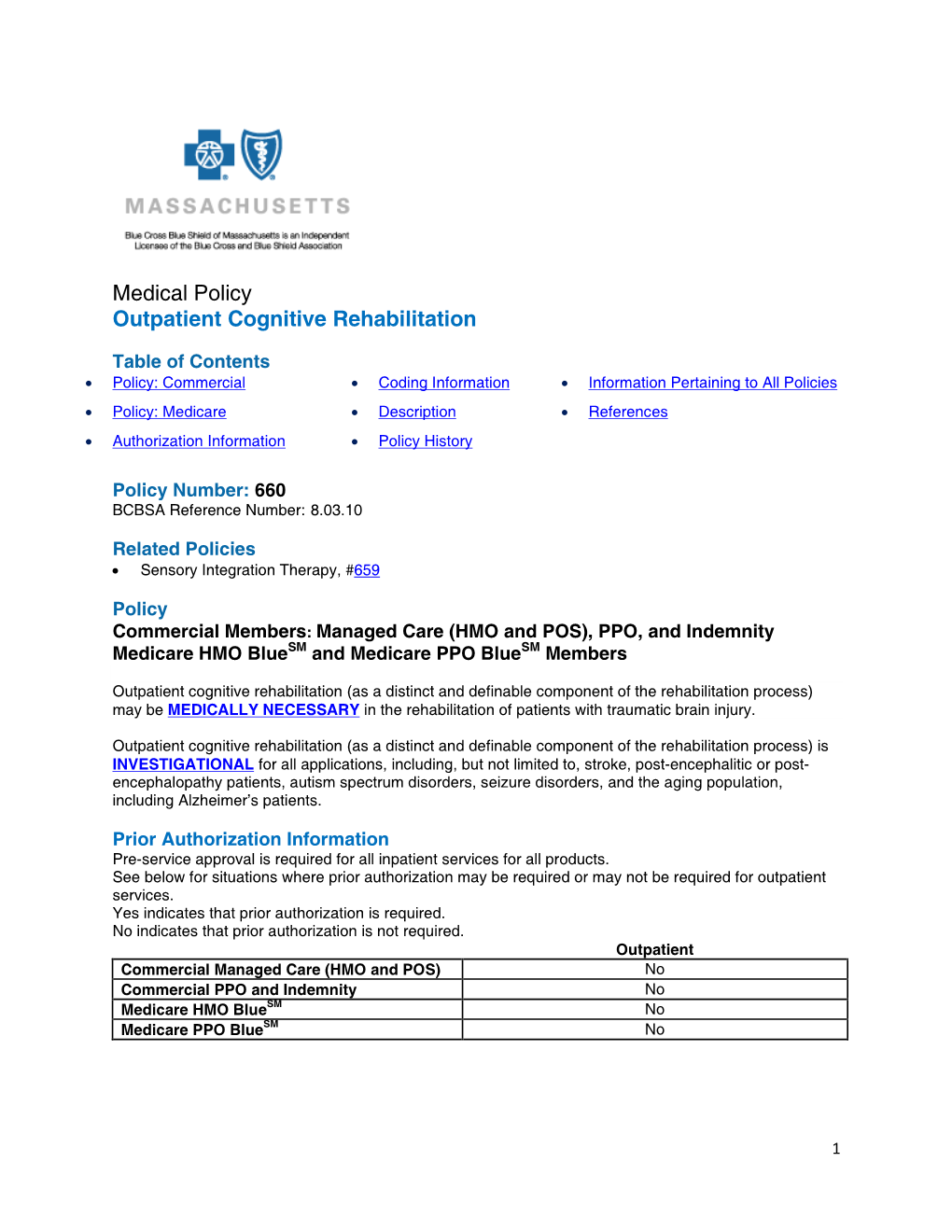 Medical Policy Outpatient Cognitive Rehabilitation