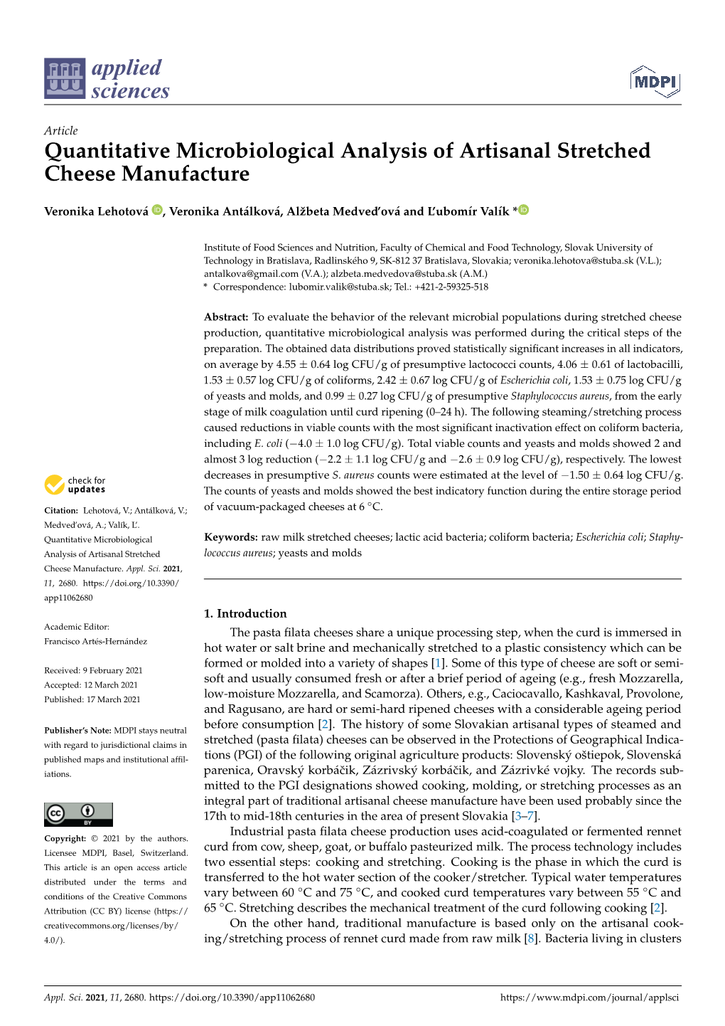 Quantitative Microbiological Analysis of Artisanal Stretched Cheese Manufacture