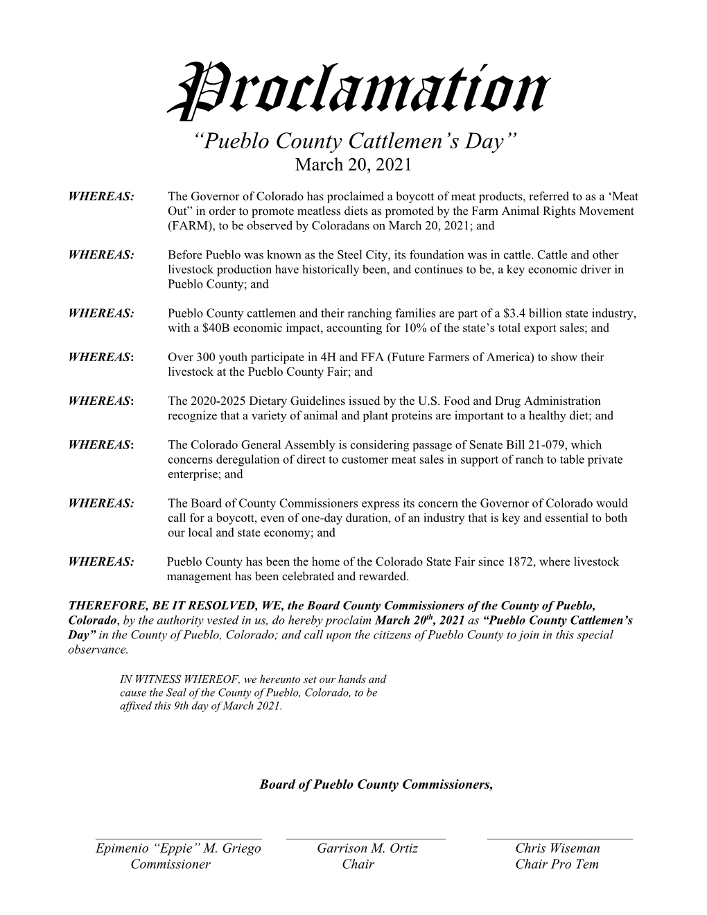 Proclamation “Pueblo County Cattlemen’S Day” March 20, 2021