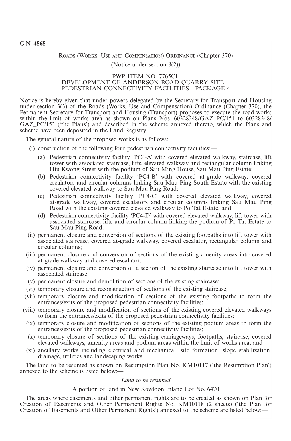 GN 4868 Roads (Works, Use and Compensation) Ordinance