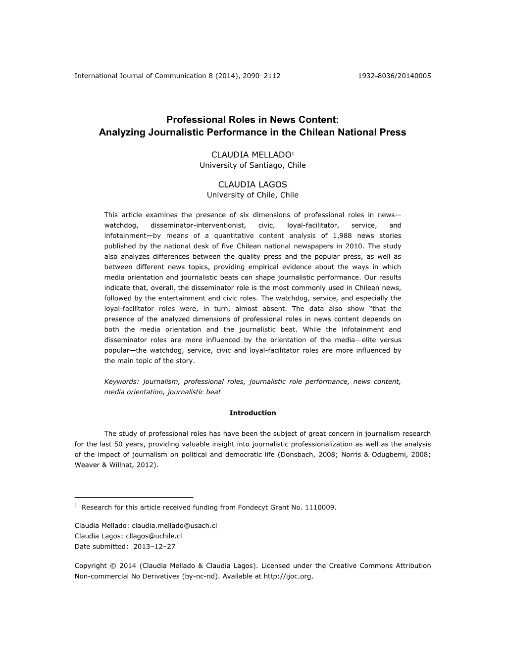 Professional Roles in News Content: Analyzing Journalistic Performance in the Chilean National Press