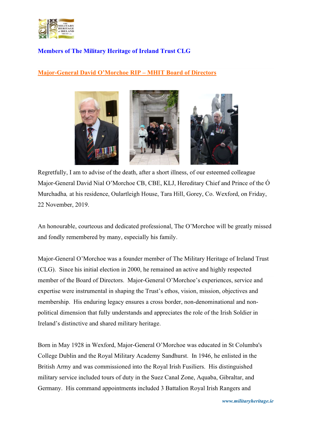 Members of the Military Heritage of Ireland Trust CLG Major-General David O'morchoe RIP – MHIT Board of Directors Regretfull