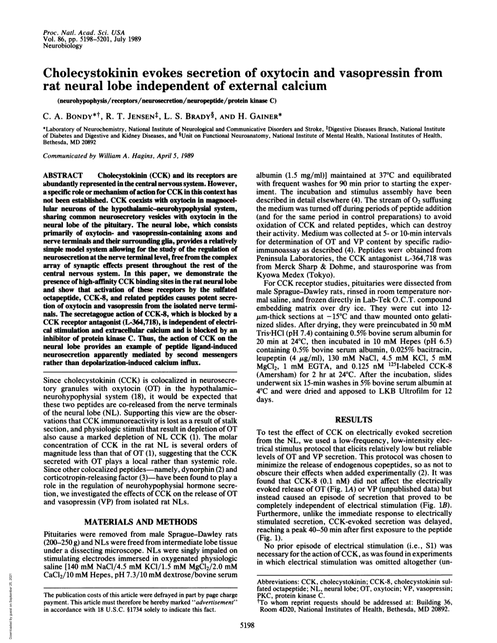 Cholecystokinin Evokes Secretion of Oxytocin and Vasopressin from Rat