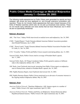 Public Citizen Media Coverage on Medical Malpractice January 1 – October 29, 2003