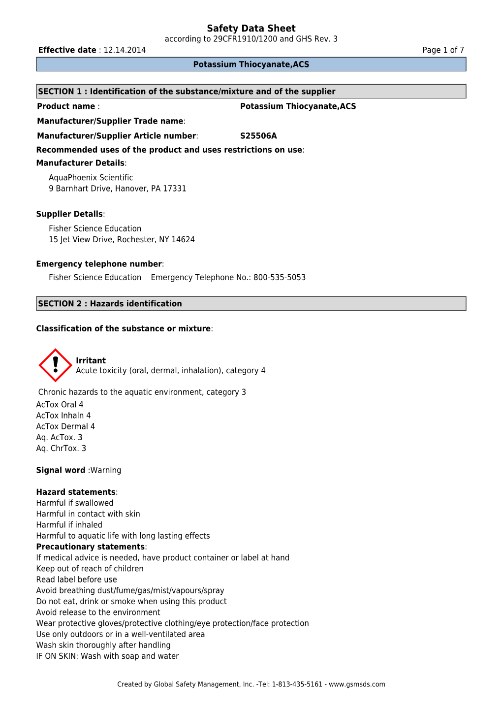 Safety Data Sheet According to 29CFR1910/1200 and GHS Rev