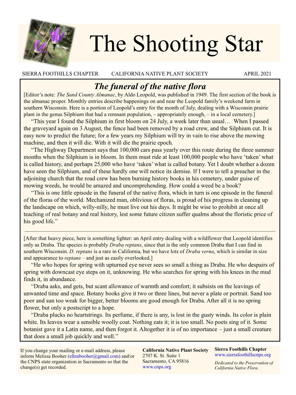 APRIL 2021 the Funeral of the Native Flora [Editor’S Note: the Sand County Almanac, by Aldo Leopold, Was Published in 1949