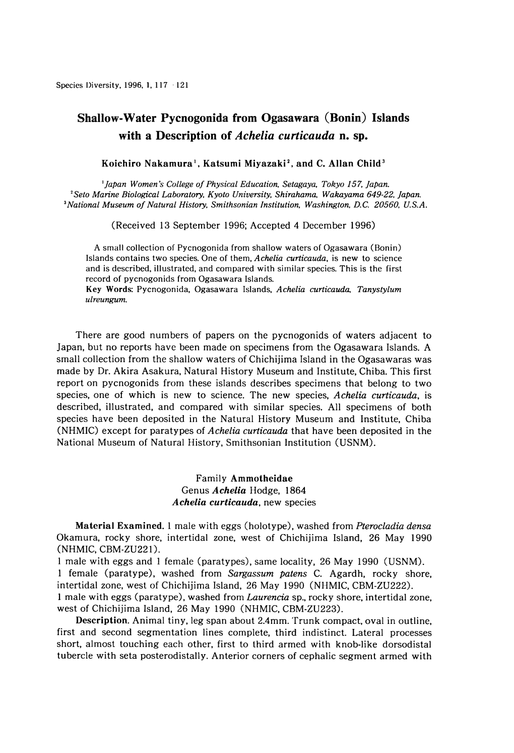 Shallow-Water Pycnogonida from Ogasawara (Bonin) Islands with a Description of Achelia Curticauda N