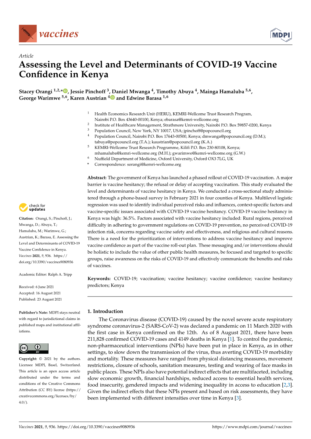 Assessing the Level and Determinants of COVID-19 Vaccine Confidence