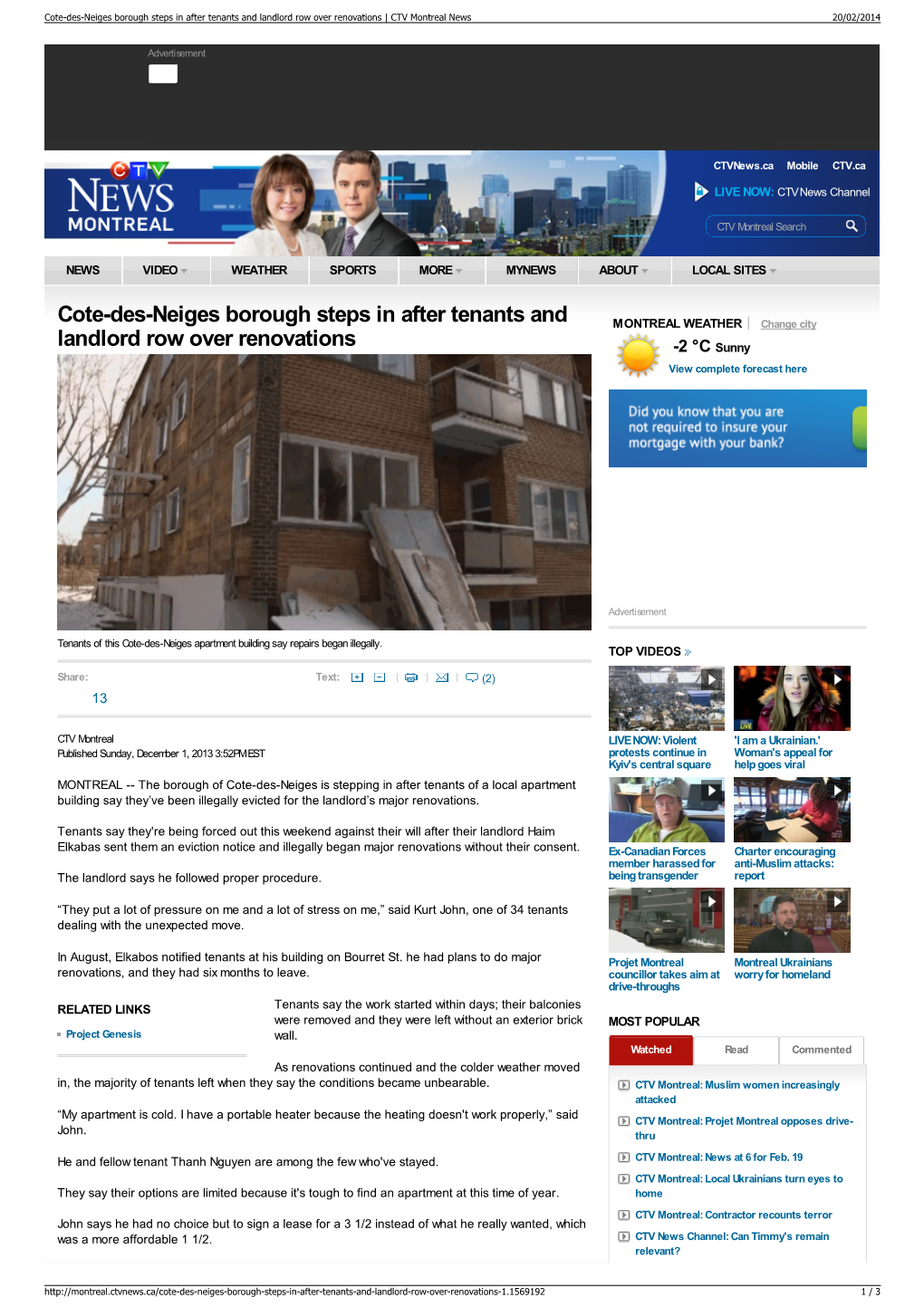 Cote-Des-Neiges Borough Steps in After Tenants and Landlord Row Over Renovations | CTV Montreal News 20/02/2014