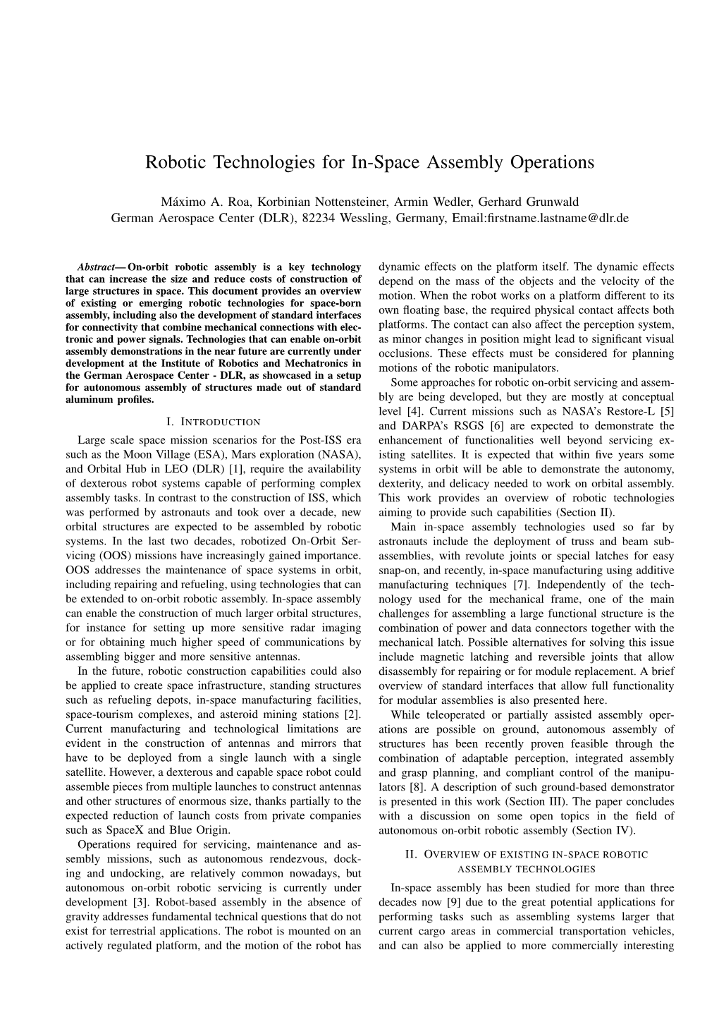 Robotic Technologies for In-Space Assembly Operations