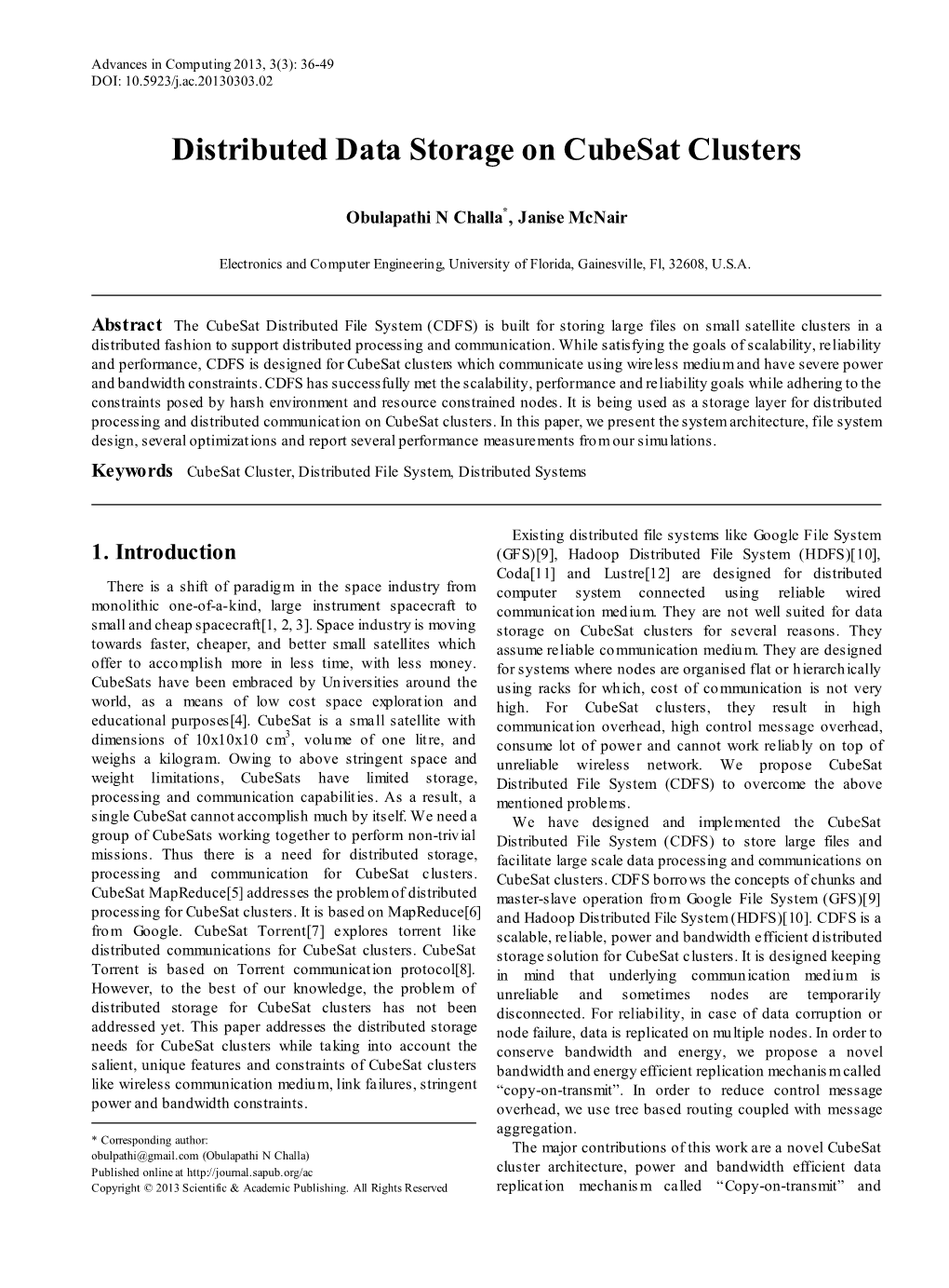 Cubesat Cluster, Distributed File System, Distributed Systems