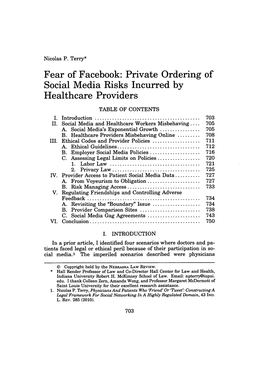 Private Ordering of Social Media Risks Incurred by Healthcare Providers TABLE of CONTENTS I
