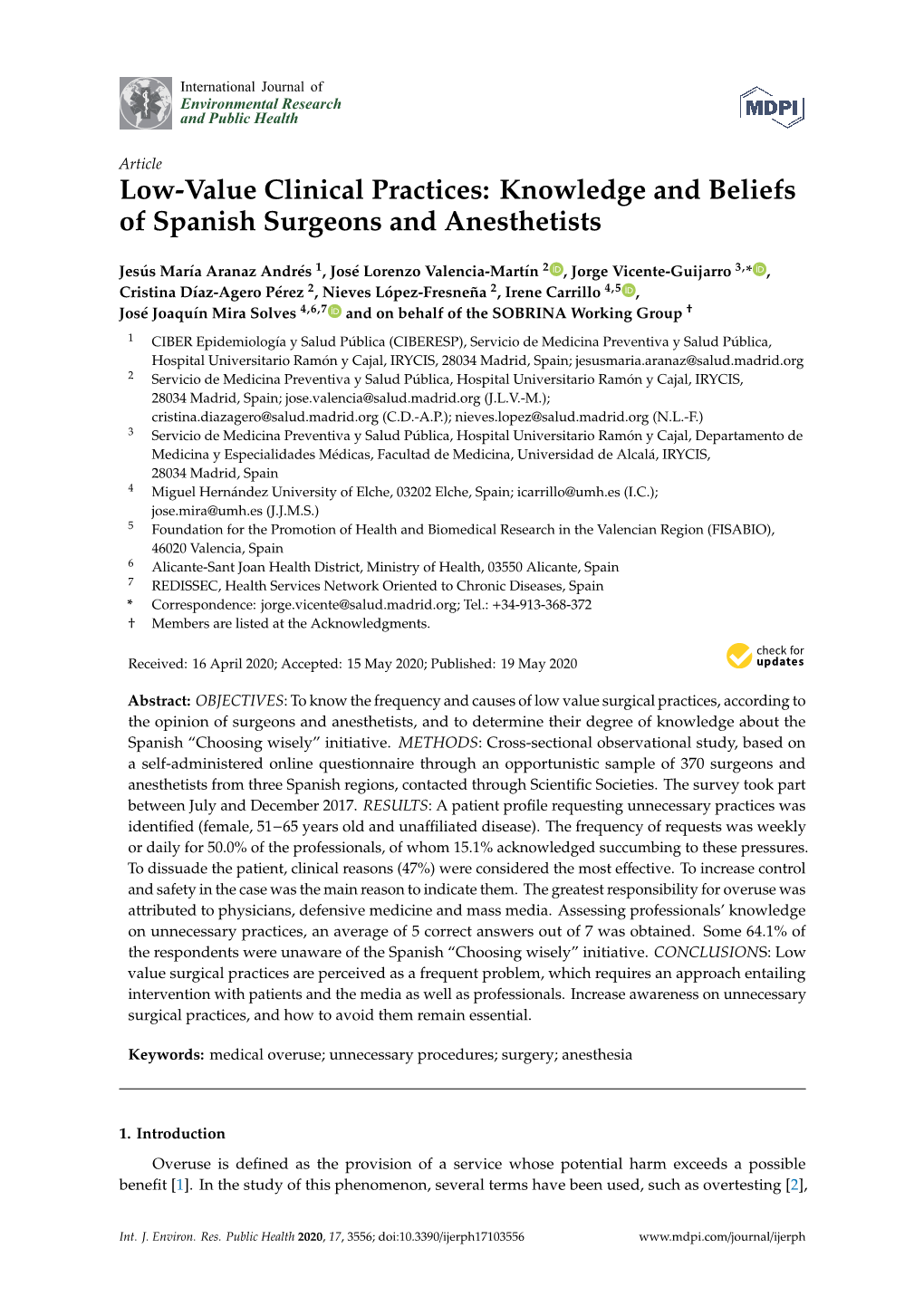 Low-Value Clinical Practices: Knowledge and Beliefs of Spanish Surgeons and Anesthetists