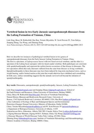 Vertebral Fusion in Two Early Jurassic Sauropodomorph Dinosaurs from the Lufeng Formation of Yunnan, China