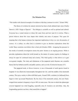 Nora Guschwan Biology 182 H Essay Submitted: April 13, 2005 the Melanism Wars “The Trouble with Classical Examples of Evolutio