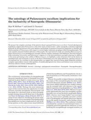 The Osteology of Pulanesaura Eocollum: Implications for the Inclusivity of Sauropoda (Dinosauria)