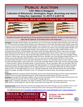 Collection of Winchester, Remington, Ruger, Browning and More! Friday Eve, September 13, 2019 @ 6:00 P.M