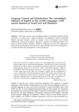 Language Contact and Globalisation: the Camouﬂaged Inﬂuence of English on the World’S Languages—With Special Attention to Israeli (Sic) and Mandarin