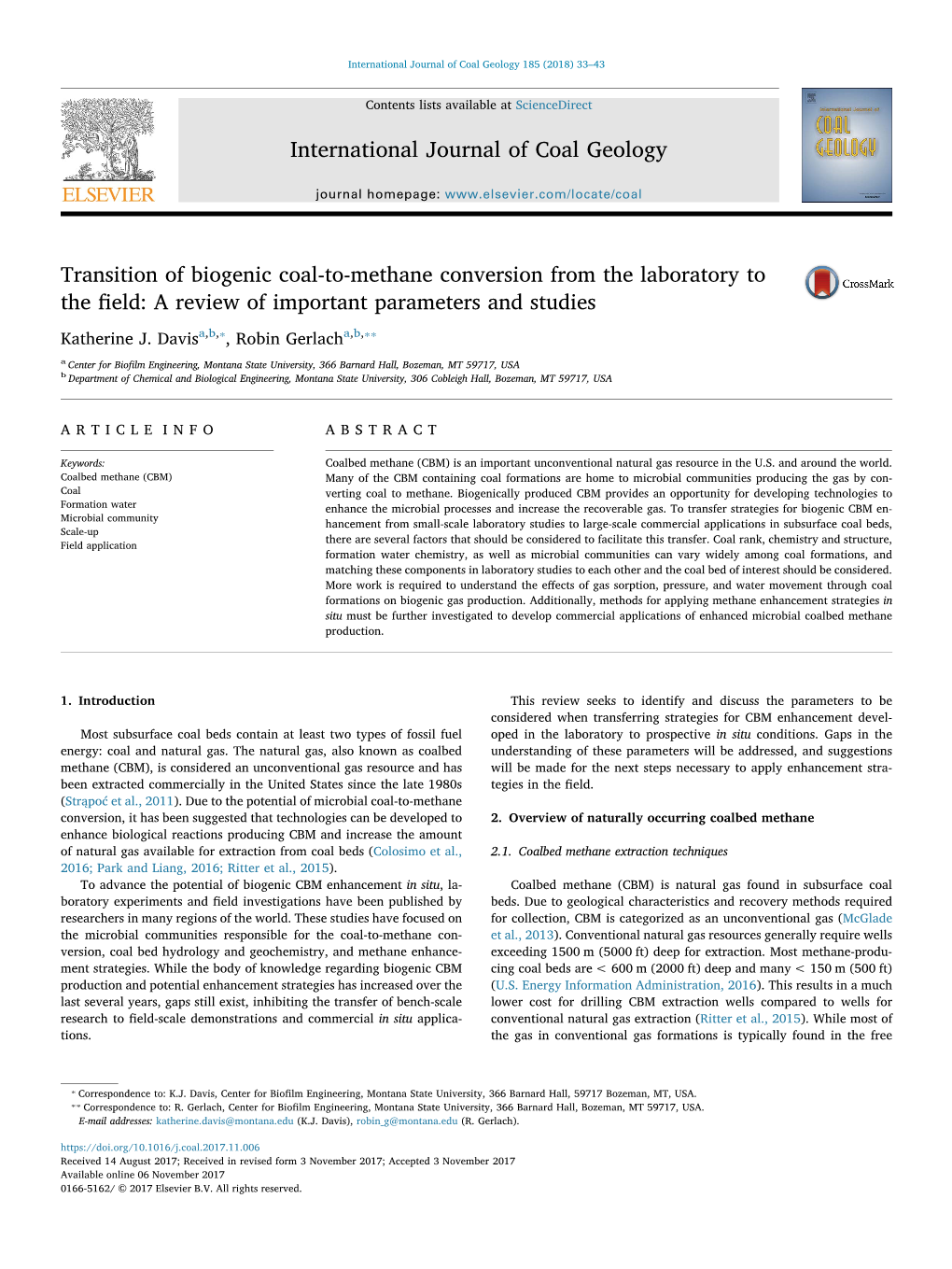 Transition of Biogenic Coal-To-Methane Conversion from the Laboratory to MARK the ﬁeld: a Review of Important Parameters and Studies ⁎ ⁎⁎ Katherine J