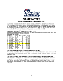 GAME NOTES Patriots at New York Jets – November 22, 2012