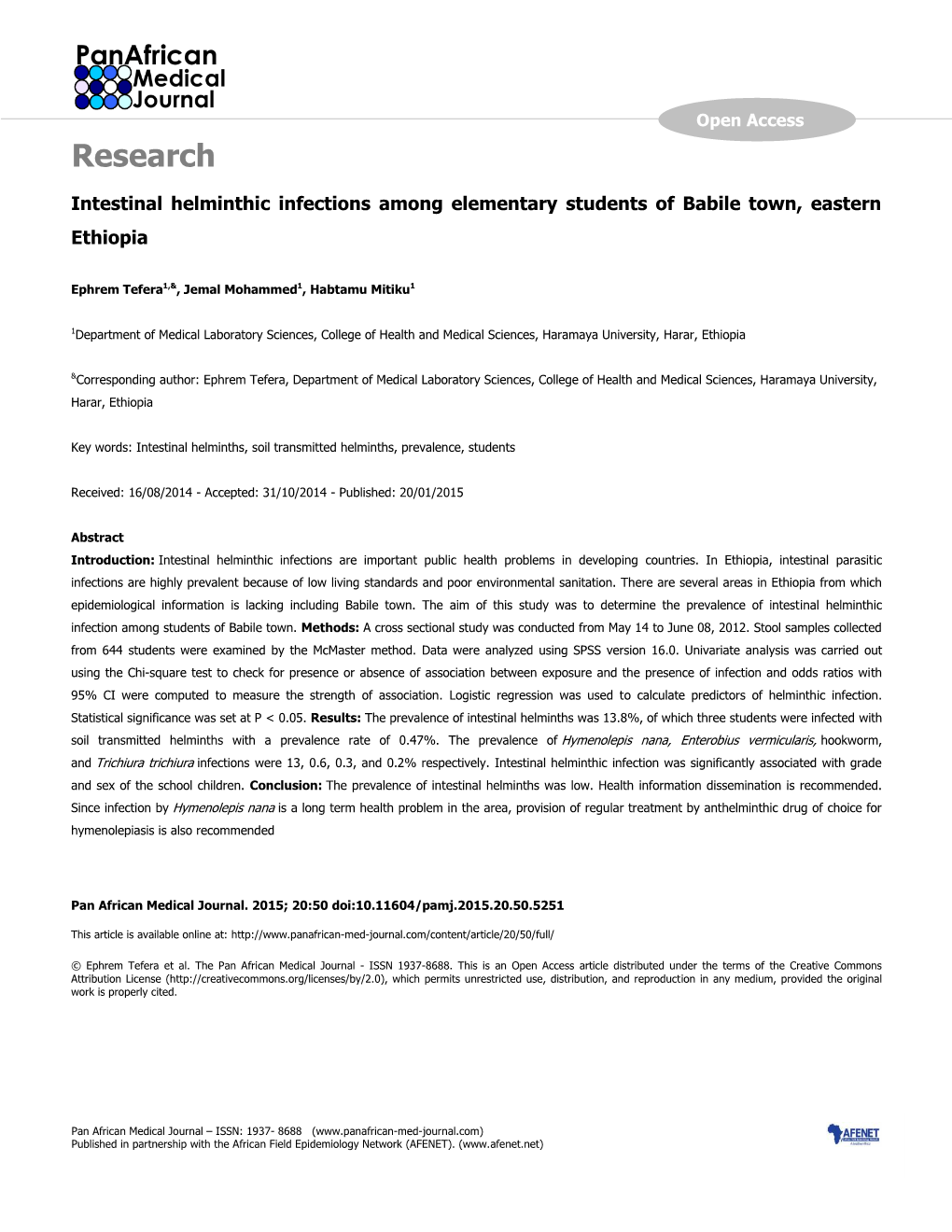 Research Intestinal Helminthic Infections Among Elementary Students of Babile Town, Eastern Ethiopia