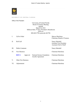 University of Central Florida Board of Trustees Meeting Agenda March 30, 2018 Millican Hall, 3Rd Floor, President’S Boardroom 8:00 A.M