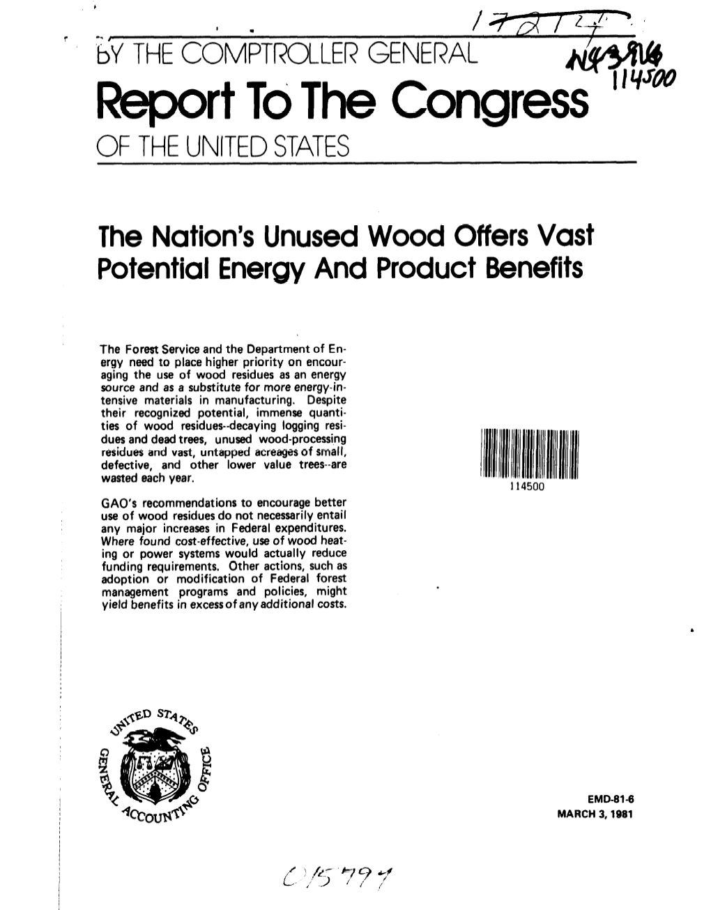 EMD-81-6 the Nation's Unused Wood Offers Vast Potential Energy And