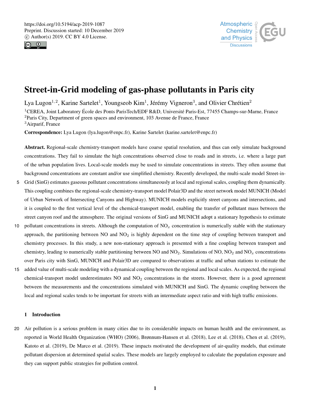 Street-In-Grid Modeling of Gas-Phase Pollutants in Paris City