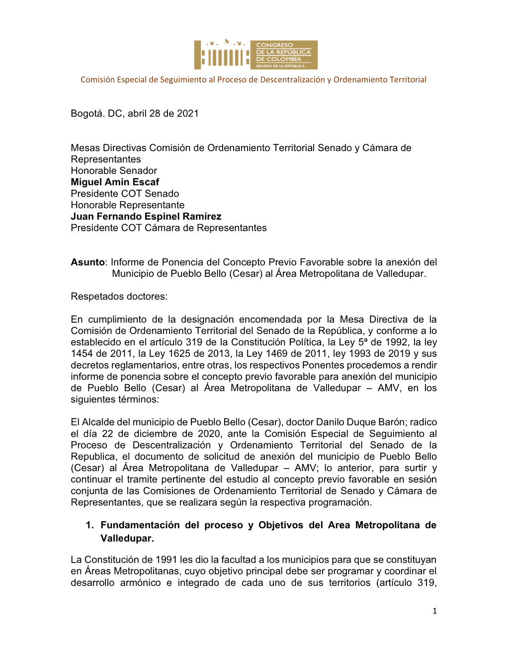 Bogotá. DC, Abril 28 De 2021 Mesas Directivas Comisión De