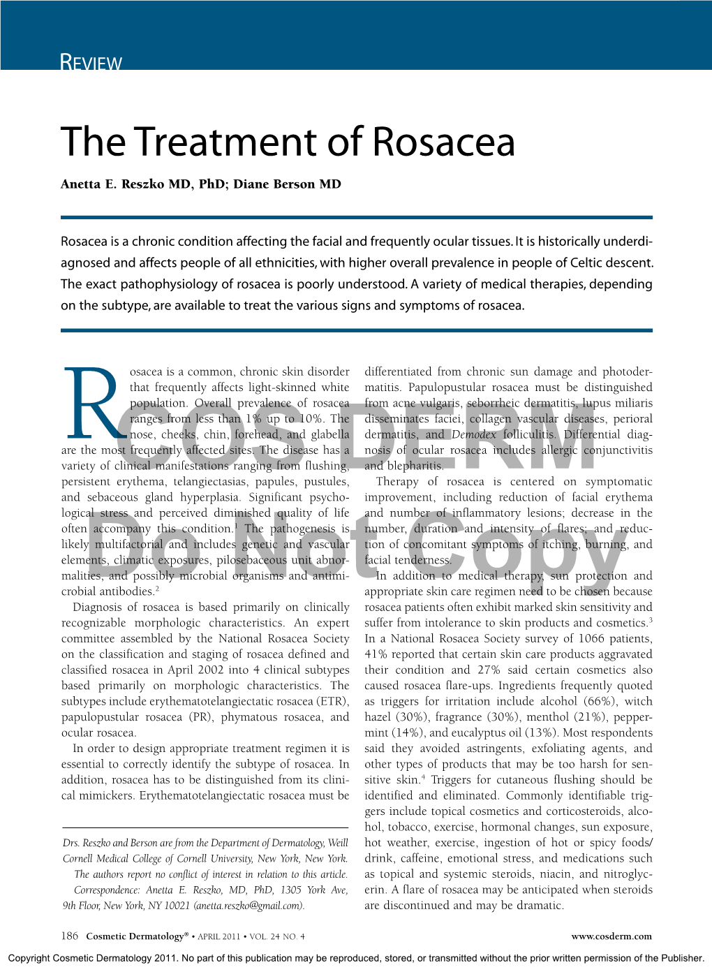 The Treatment of Rosacea Anetta E