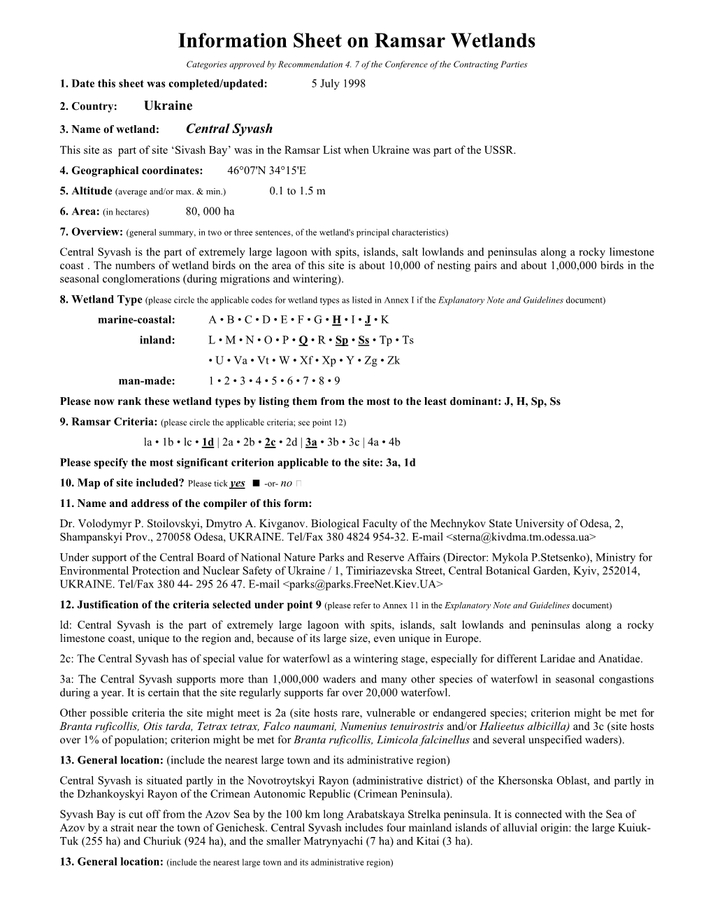 Information Sheet on Ramsar Wetlands Categories Approved by Recommendation 4