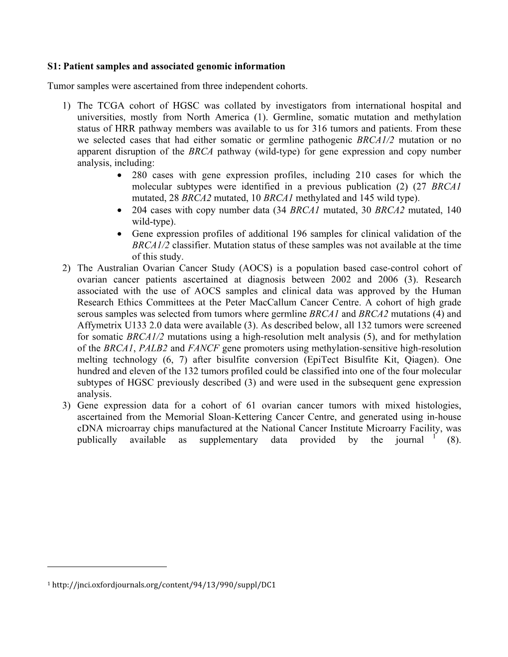 S1: Patient Samples and Associated Genomic Information Tumor Samples Were Ascertained from Three Independent Cohorts