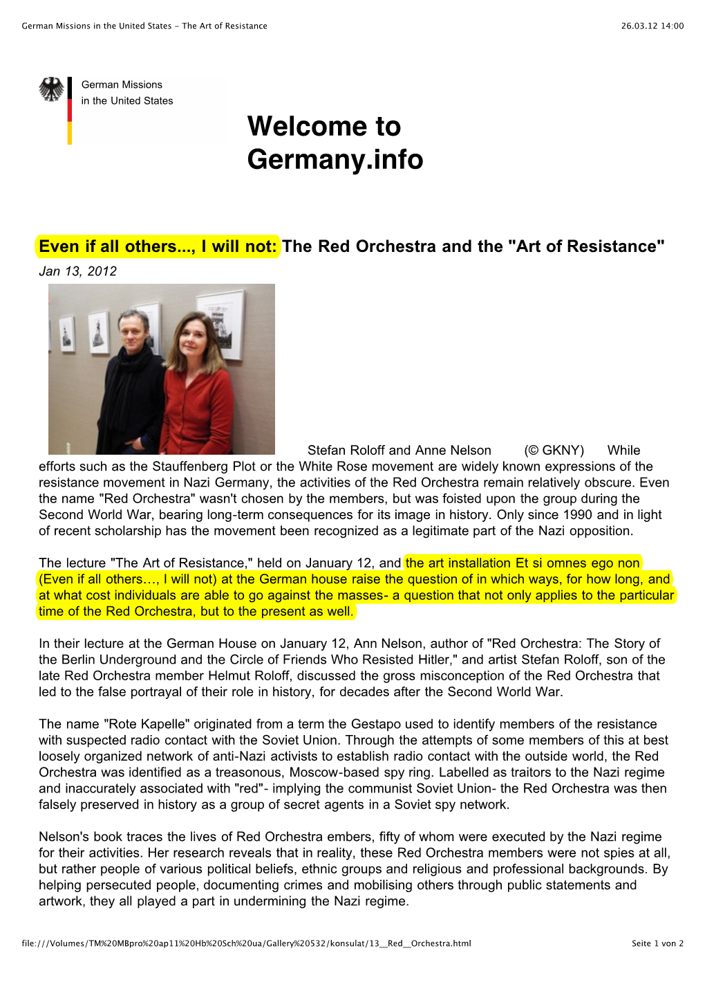 German Missions in the United States - the Art of Resistance 26.03.12 14:00