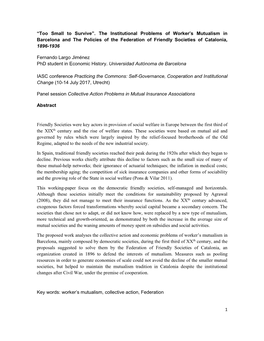 1 “Too Small to Survive”. the Institutional Problems of Worker's Mutualism in Barcelona and the Policies of the Federation