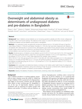 Overweight and Abdominal Obesity As Determinants of Undiagnosed Diabetes and Pre-Diabetes in Bangladesh Dewan S