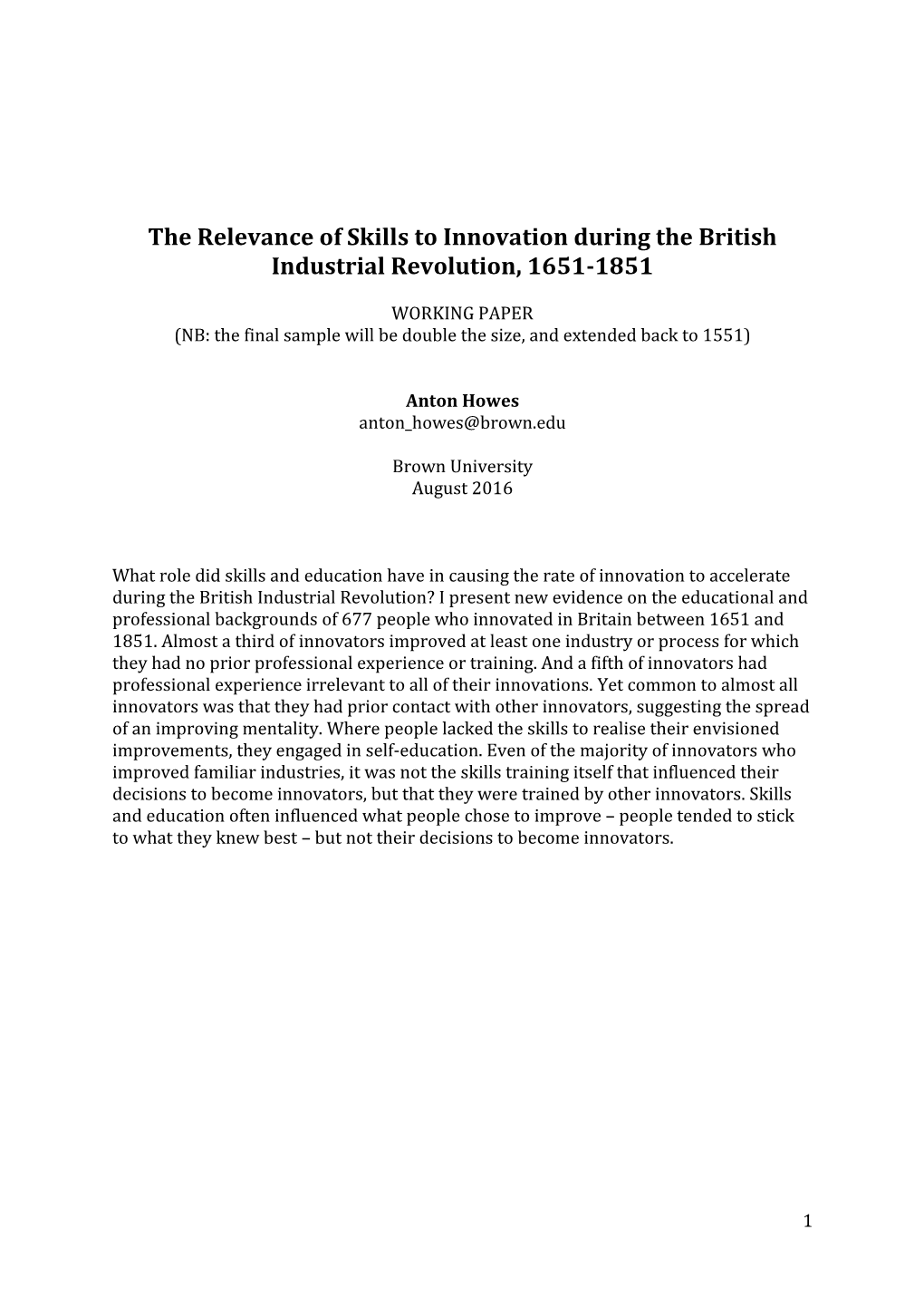 The Relevance of Skills to Innovation During the British Industrial Revolution, 1651-1851