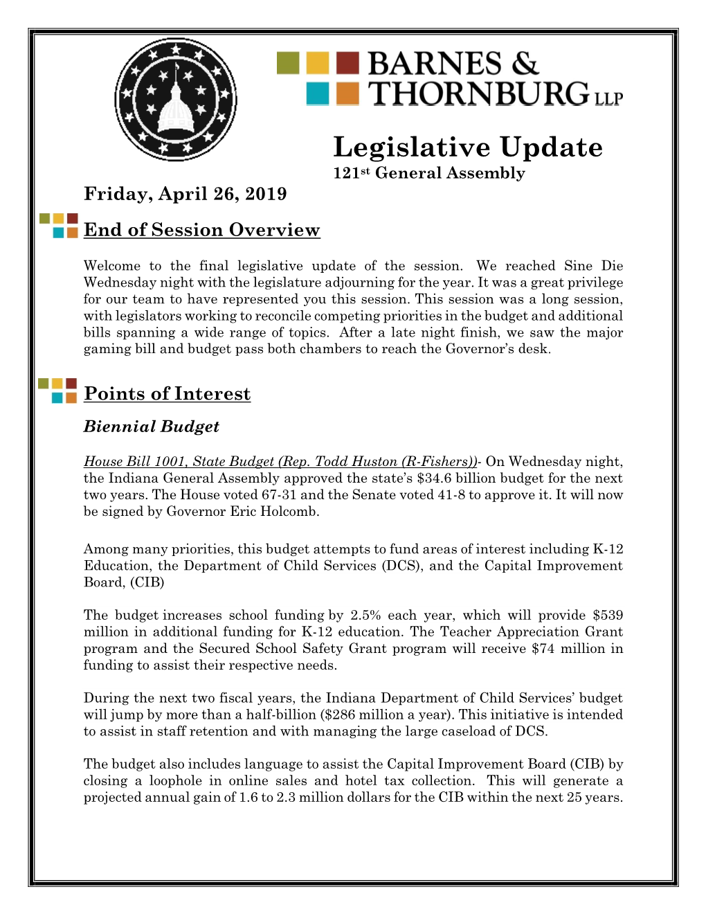 Legislative Update 121St General Assembly Friday, April 26, 2019