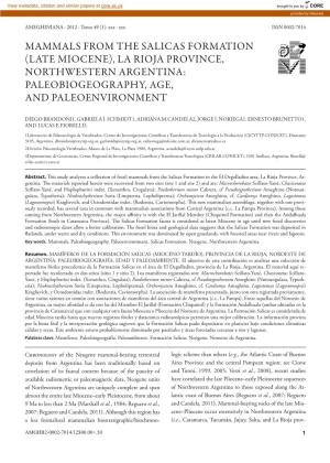 Mammals from the Salicas Formation (Late Miocene), La Rioja Province, Northwestern Argentina: Paleobiogeography, Age, and Paleoenvironment
